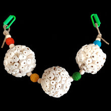 Load image into Gallery viewer, Three 2-1/2&quot; super soft sola atta balls with wood beads strung on jute cord. Designed for small birds such as budgies, lovebirds, cockatiels, linnies, small conures, etc.  Spans approx 17&quot; across including links.
