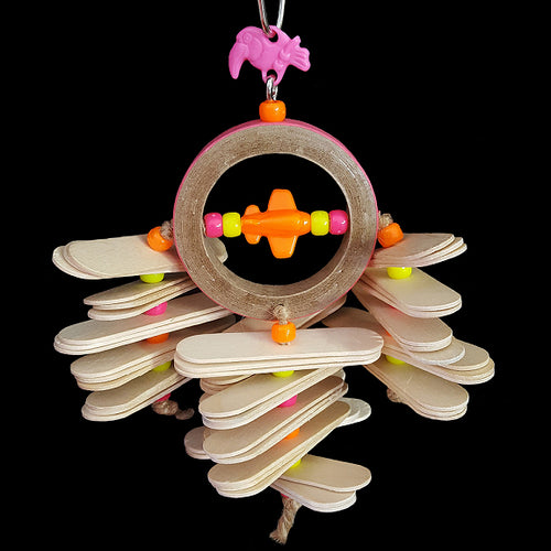 Thin wood paddles & pony beads hanging on a birdie bagel. A great toy for small to mid sized birds who love to nibble on thin wood!  Measures approx 6