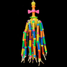 Load image into Gallery viewer, Bird toy with  plastic straw beads and bright pony beads tied with jute cord on a perforated plastic golf ball. The base of this fun toy is stainless steel wire and is topped with a spinning mini plastic nut and bolt set.
