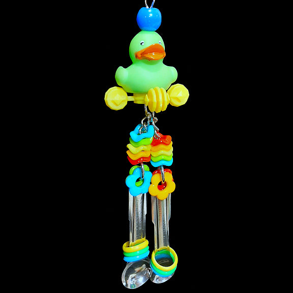Dangling under a little rubber duck and snowflake ring are stainless steel spoons with lots of rings that wiggle & jiggle to make a bit of noise and lots of fun! The spoons can also be tugged back and forth! Available in assorted colors. Designed for small to intermediate sized birds.
