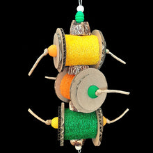 Load image into Gallery viewer, Three brightly colored loofah rolls flanked by corrugated cardboard rounds with wood beads, mahogany chunks and paper rope. The base of this toy is stainless steel wire. Designed for small to intermediate birds who like softer textures.  Measures approx 4&quot; by 11&quot; including link.

