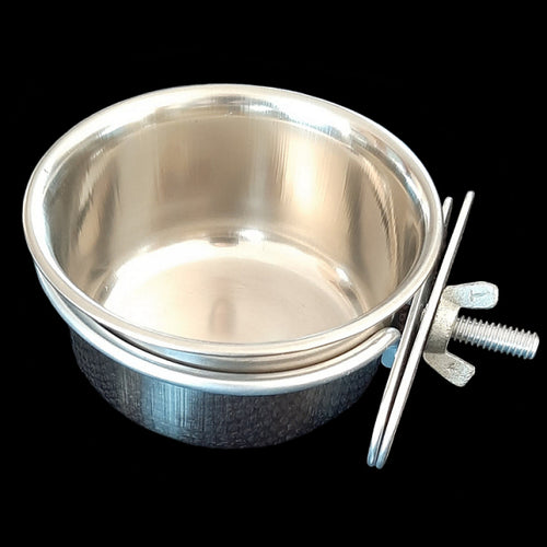 5 oz bolt-on stainless steel food or water bowl with ring clamp holder. Easily clamps on to wire cages. Dishwasher safe.  Measures approx 3-1/4