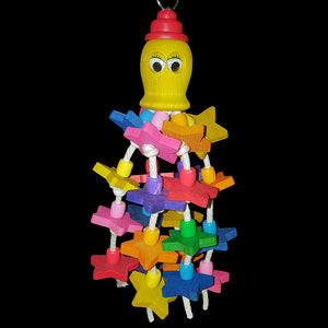 Two dozen brightly colored 1-1/2" hardwood stars with big pony beads strung on cotton cord under a googly eyed hardwood cup head.