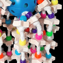 Load image into Gallery viewer, Lots of miniature chunky wood stars and pony beads tied on cotton cord cascading from a perforated golf ball with a rubber duck sitting on top. Strung on stainless steel wire. Designed for intermediate sized birds that love small pieces of wood and beads.
