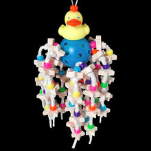 Load image into Gallery viewer, Lots of miniature chunky wood stars and pony beads tied on cotton cord cascading from a perforated golf ball with a rubber duck sitting on top. Strung on stainless steel wire. Designed for intermediate sized birds that love small pieces of wood and beads.
