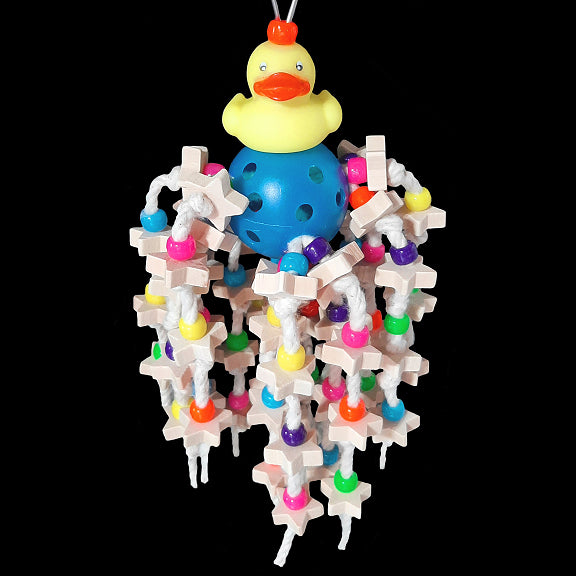 Lots of miniature chunky wood stars and pony beads tied on cotton cord cascading from a perforated golf ball with a rubber duck sitting on top. Strung on stainless steel wire. Designed for intermediate sized birds that love small pieces of wood and beads.