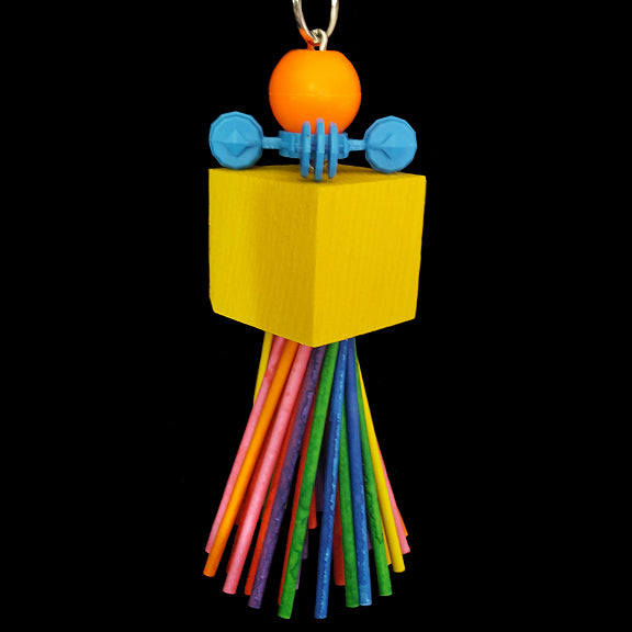 A brightly colored pine cube filled with colored lollipop sticks. Hangs on nickel plated chain with a big bead and interstar ring.