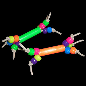 Pony beads on paper twist cord bursting from a thick plastic straw bead. A lightweight handheld toy designed for small birds. Approx 2-1/2" long.  Package contains 2 toys.