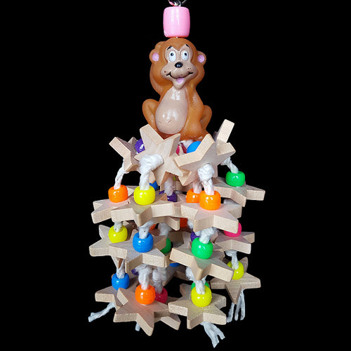 Lots of little hardwood stars & pony beads individually tied on cotton under a rubber critter.  Designed for small birds who love chewing the points off stars!