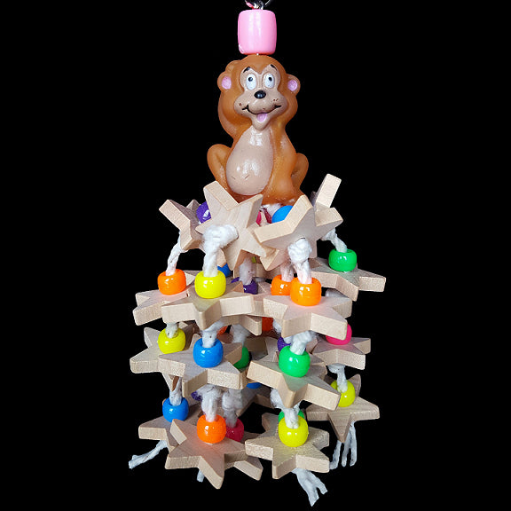Lots of little hardwood stars & pony beads individually tied on cotton under a rubber critter.  Designed for small birds who love chewing the points off stars!