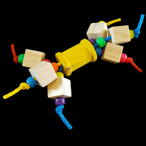 Little wood cubes & pony beads running through a colored wood spool with paulie rope. Designed for intermediate to medium birds.  Measures approx 4".