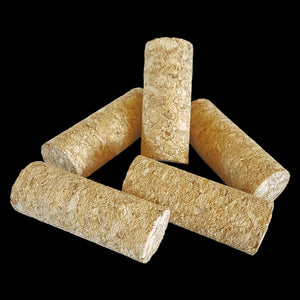 Tall corks measuring approximately 3/4" wide by 2" tall.  A favorite part for timid chewers.