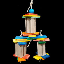 Load image into Gallery viewer, Lots of brightly colored softwood slats in different sizes with cardboard honeycomb blocks strung on jute rope. This toy has a lot of movement! Designed for intermediate to medium sized birds that like softer textures as well as bunnies and other rodents.
