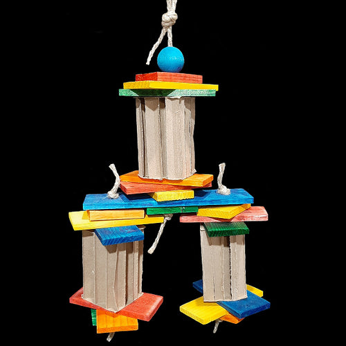 Lots of brightly colored softwood slats in different sizes with cardboard honeycomb blocks strung on jute rope. This toy has a lot of movement! Designed for intermediate to medium sized birds that like softer textures as well as bunnies and other rodents.