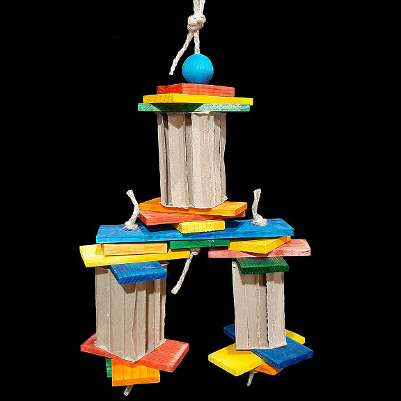Lots of brightly colored softwood slats in different sizes with cardboard honeycomb blocks strung on jute rope. This toy has a lot of movement! Designed for intermediate to medium sized birds that like softer textures as well as bunnies and other rodents.