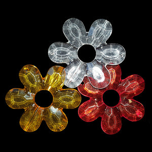 Large crystal colored acrylic flower beads measuring 1-3/4" with a large 3/8" center hole. Use for toys of all sizes.