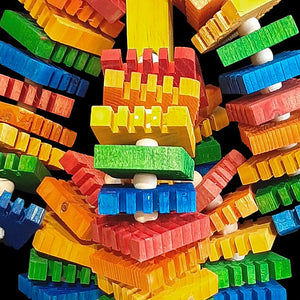 Our most popular wood part made into an exciting toy! Sixty brightly colored Busy Beaver slices and wood snap beads strung on cotton cord from a pine wood base. Designed for the beaks who prefer thinner, easy to nibble and chew wood pieces.  Measures appr