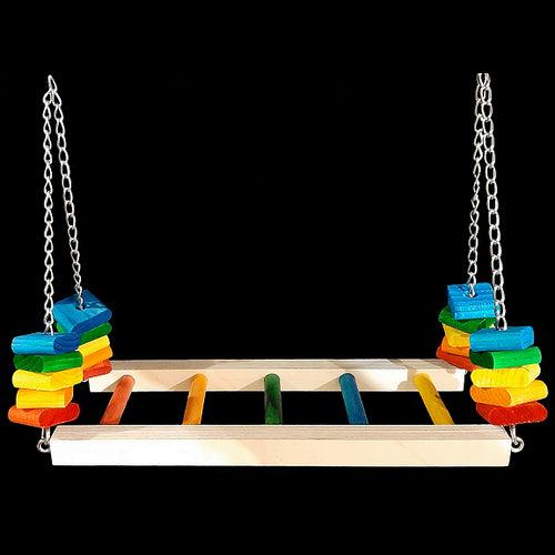 A great swinging perch for multiple birds! A five rung hardwood ladder suspended on nickel plated chain with brightly colored pine wood wafers to chew. Designed for small to intermediate sized birds (budgies, lovebirds, cockatiels, quakers, caiques, etc.)   Hangs approx 12