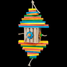 Load image into Gallery viewer, Brightly colored wood blocks of various sizes with a cardboard honeycomb kraft cube decorated with pine daisies and wood beads. Strung on jute rope.
