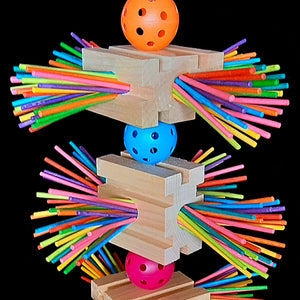 Three large grooved pine blocks with 300 colored paper sticks inserted in the sides of the blocks. Assembled on nickel plated chain with perforated balls and heavy plastic chain at the bottom, this toy is full of chewing adventure!