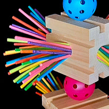 Load image into Gallery viewer, Three large grooved pine blocks with 300 colored paper sticks inserted in the sides of the blocks. Assembled on nickel plated chain with perforated balls and heavy plastic chain at the bottom, this toy is full of chewing adventure!
