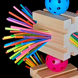 Three large grooved pine blocks with 300 colored paper sticks inserted in the sides of the blocks. Assembled on nickel plated chain with perforated balls and heavy plastic chain at the bottom, this toy is full of chewing adventure!
