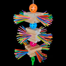 Load image into Gallery viewer, Three large grooved pine blocks with 300 colored paper sticks inserted in the sides of the blocks. Assembled on nickel plated chain with perforated balls and heavy plastic chain at the bottom, this toy is full of chewing adventure!
