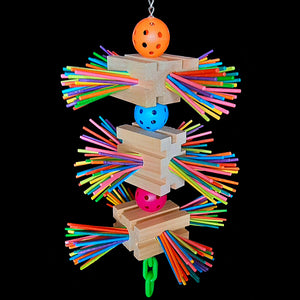 Three large grooved pine blocks with 300 colored paper sticks inserted in the sides of the blocks. Assembled on nickel plated chain with perforated balls and heavy plastic chain at the bottom, this toy is full of chewing adventure!