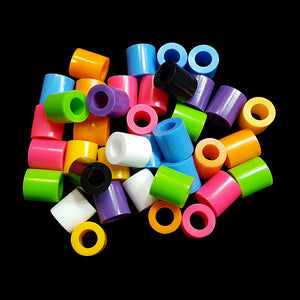 Thick chewy plastic tube beads measuring 3/8" with a good sized hole that works with paulie rope, leather lace & most 1.6mm chain. Not made from hard plastic, birds love the softer texture of these beads.