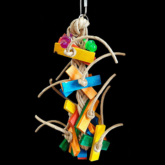 A big paper rope braid with lots of brightly colored pine wood slats and two acrylic pacifiers woven in. A fun toy to swing on as well!