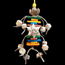 Load image into Gallery viewer, Handmade bird toy on stainless steel wire made with brightly colored soft wood pieces, a shreddable palm leaf cube, palm leaf stars, mahogany chunks, sola and more.
