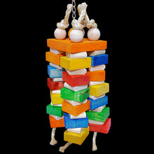 Load image into Gallery viewer, Four columns of chunky pine blocks and pine wafer blocks strung on sisal rope under a pine block base. Hangs on nickel plated chain. A perfect toy for the feathered woodchuck in your family!
