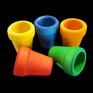Brightly colored wood flower pots measuring 1-1/4" high by 1" wide at the top with a 5/16" hole drilled in the bottom.