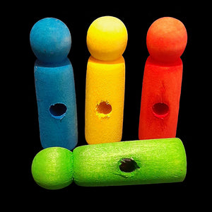 Brightly colored wooden peg boys measuring approx 1/2" by 2" with a 1/4" hole drilled through the center.