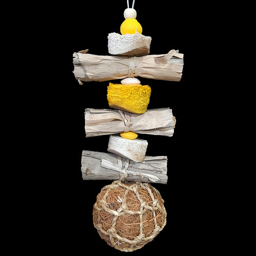 Bundles of banana leaf rolls, soft yucca pieces, wood beads and a coconut fiber ball on stainless steel wire. The coco ball is made from coconut fiber that has been bundled and rolled into a tight ball with seagrass cord twisted around the outside. Designed for small to intermediate sized birds.  Measures approx 3