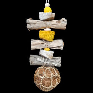 Bundles of banana leaf rolls, soft yucca pieces, wood beads and a coconut fiber ball on stainless steel wire. The coco ball is made from coconut fiber that has been bundled and rolled into a tight ball with seagrass cord twisted around the outside. Designed for small to intermediate sized birds.  Measures approx 3" by 11" including link.