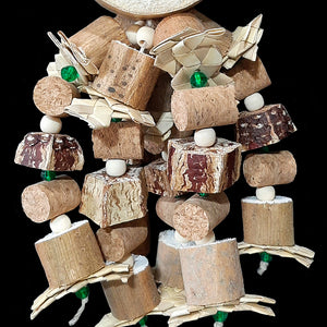 An exciting toy made with an assortment of easy to chew and shred parts! The base is a half yucca round with hemp cord strands filled with sola, cork, mahogany, palm leaf shredders, wood beads and little crystal beads. Designed for intermediate sized birds that aren't big chewers and prefer softer textures.