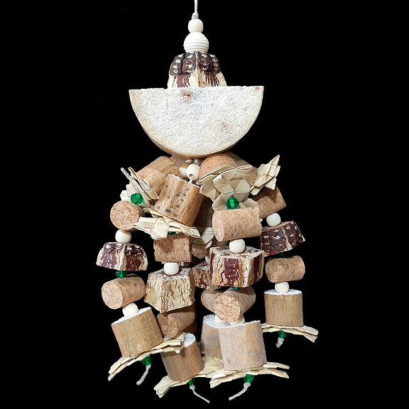 An exciting toy made with an assortment of easy to chew and shred parts! The base is a half yucca round with hemp cord strands filled with sola, cork, mahogany, palm leaf shredders, wood beads and little crystal beads. Designed for intermediate sized birds that aren't big chewers and prefer softer textures.