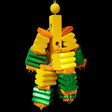 Load image into Gallery viewer, A dozen large (1-1/2&quot; by 1-1/2&quot; x 2&quot;) brightly colored grooved pine wood blocks and pine wafers strung on nickel plated chain from a wood base. Designed for medium to large birds that like to chew (greys, amazons, eclectus, cockatoos, etc).

Measures approx 7&quot; by 14&quot; including link.
