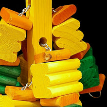 Load image into Gallery viewer, A dozen large (1-1/2&quot; by 1-1/2&quot; x 2&quot;) brightly colored grooved pine wood blocks and pine wafers strung on nickel plated chain from a wood base. Designed for medium to large birds that like to chew (greys, amazons, eclectus, cockatoos, etc).

Measures approx 7&quot; by 14&quot; including link.
