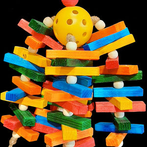 Almost five dozen brightly colored mini pine slats with wood snap beads threaded on jute cord on a perforated golf ball base. The perfect toy for conures that like to chew and hang on their toys!