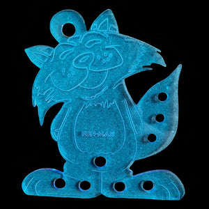 Large blue grinning cat toy base made from 3/16" thick acrylic and measuring approx 6-3/4" wide by 7-1/2" tall.  In addition to the large hole on the top, there are three 5/16" holes and five 1/2" holes for threading material through.  Recommended as a st