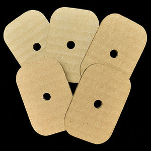 Use these corrugated cardboard pieces to make great shreddable toys! Measuring 2" by 3" with a 3/8" center hole, they easily fit onto the stringing material of your choice.