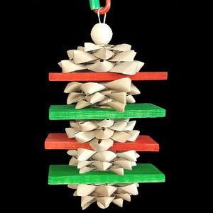 Lots of crunchy palm leaf bows stacked with red and green pine wood slats on stainless steel wire. Designed for small to intermediate birds who love shredding and soft wood!  Measures approx 3-1/3" by 8" including link.