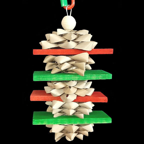 Lots of crunchy palm leaf bows stacked with red and green pine wood slats on stainless steel wire. Designed for small to intermediate birds who love shredding and soft wood!  Measures approx 3-1/3