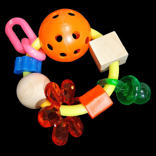 A strong plastic ring filled with goodies everybirdy will love including a perforated golf ball, heavy plastic chain, wood pieces, acrylic pacifier, flower ring and big beads. Designed for medium and large birds.  Measures approx 3