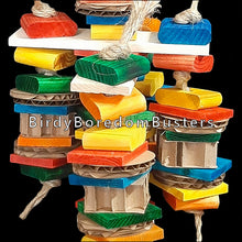Load image into Gallery viewer, Lots of brightly colored pine chippers and pine wafer blocks interspersed with assorted cardboard cutouts and cardboard blocks strung on jute rope from two large spinning pine wood slats.  Measures approx 7&quot; by 20&quot; including link.

