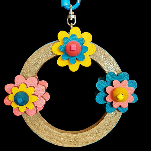 A cute little swing made with a birdie bagel base and brightly colored pine daisies. Designed for small birds such as parrotlets, budgies, lovebirds and canaries. Can also be used as a hanging toy for bigger birds.