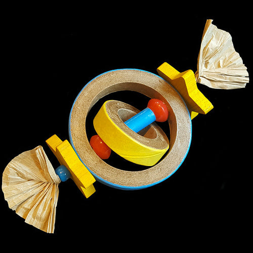A chubby bagel with an assortment of beads and hard wood stars inside a larger bagel. Designed for medium and large birds.  Measures approx 2-3/4