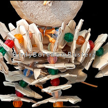 Load image into Gallery viewer, Lots of crunchy palm leaf shredders and bright beads threaded on plastic lacing cord under a soft and fibrous yucca slice with vine stars on both sides. Designed for small birds who love softer textures.  Hangs approx 8&quot; including link.
